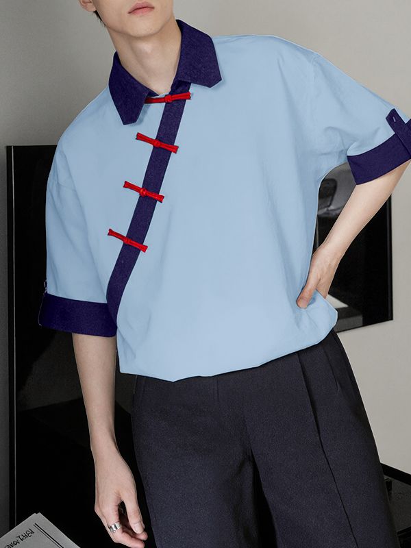Men's Vintage Preppy Asymmetric Frog Button Lapel Short Sleeve Shirt SKUL61899