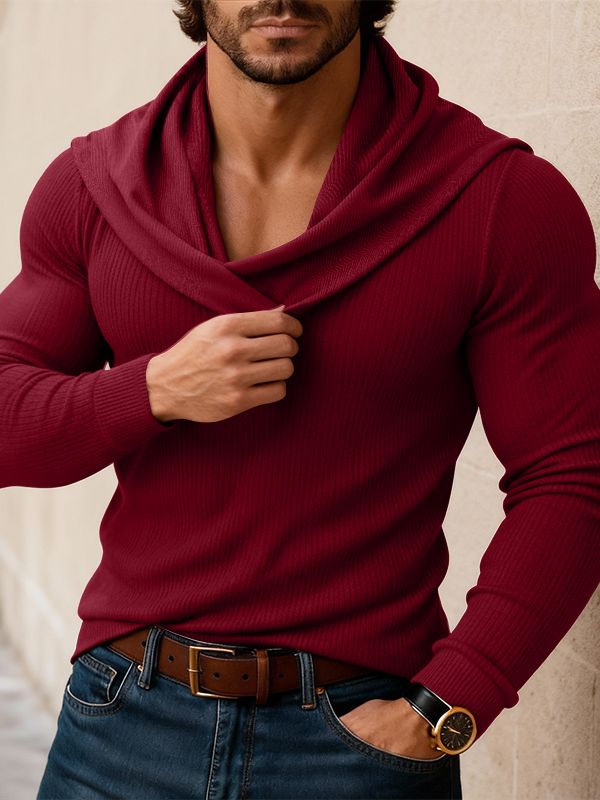 Men's Solid Color Loose Draped Neck Long Sleeve T-shirt SKUL45289