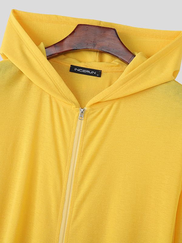 Men's Solid Color Semi-Sheer Hooded Long Sleeve T-shirt SKUL42396