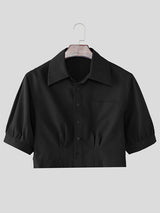 Men's Modern Minimalist Button-Up Front Cropped Short Sleeve Shirt SKUL53237