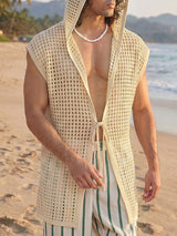 Men's Beach Resort Sheer Crochet Mesh Sleeveless Hooded Longline Cardigan SKUL71411