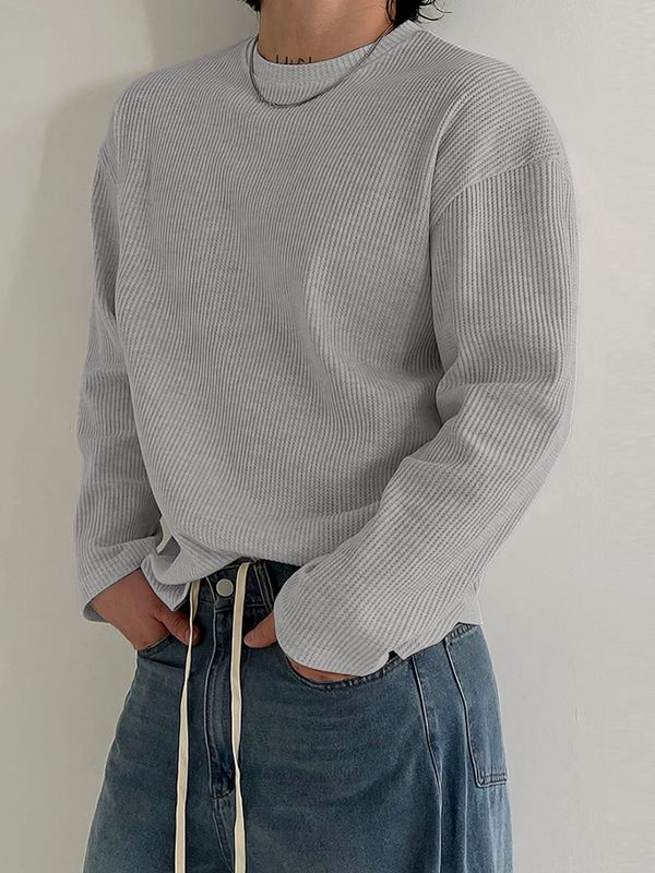 Men's Minimalist Textured Crew Neck Long Sleeve T-shirt SKUL43998