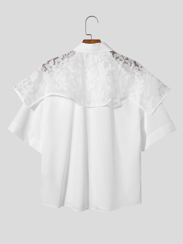 Men's Avant-Garde Floral Lace Overlay Cape-Collar Short Sleeve Button-Down Shirt SKUL61666