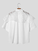 Men's Avant-Garde Floral Lace Overlay Cape-Collar Short Sleeve Button-Down Shirt SKUL61666