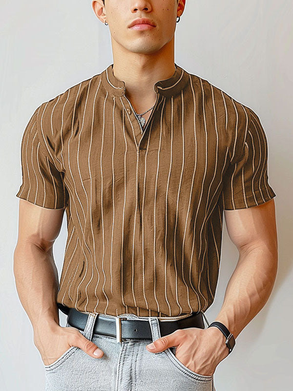 Mens Striped Stand Collar Short Sleeve T-Shirt SKUK74697