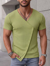 Men's Avant-Garde Deconstructed Asymmetric Slanted Button V-Neck Ribbed Fitted Short Sleeve T-shirt SKUL72643