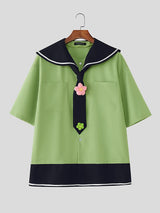 Men's Contrast Color Floral Sailor Collar Tie Shirt SKUL41283
