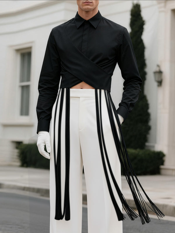 Men's Tassel Patchwork Twist Tie Long Sleeve Shirt SKUL37907