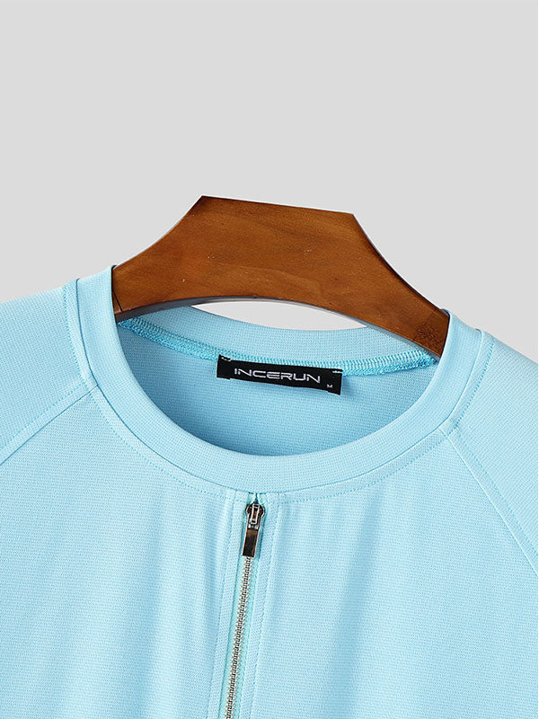 Mens Solid Color Half-Zip Short Sleeve T-Shirt SKUL09350