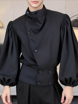 Men's Solid Asymmetrical Placket Puff Sleeve Shirt SKUL38918