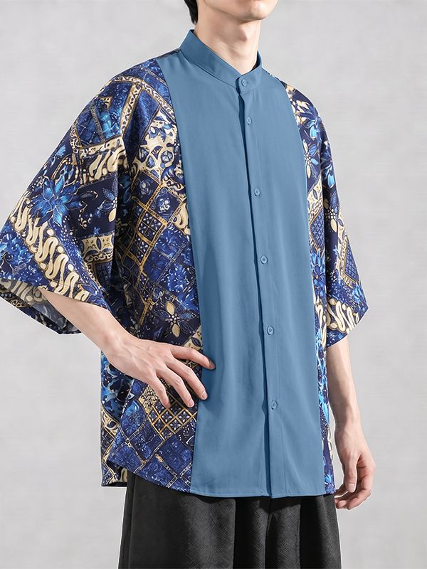 Men's Modern Neo-Chinese Batik Graphic Print Contrast Panel Drop Shoulder Short Sleeve Shirt SKUL73744