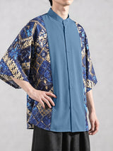 Men's Modern Neo-Chinese Batik Graphic Print Contrast Panel Drop Shoulder Short Sleeve Shirt SKUL73744
