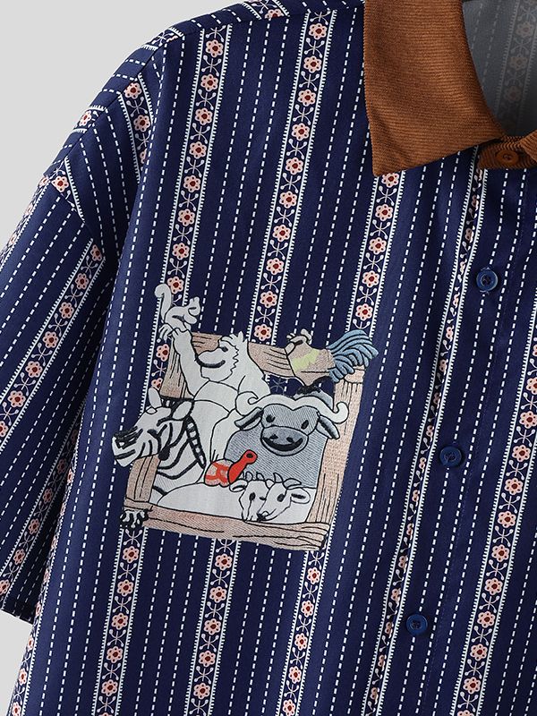 Men's Cartoon Animal Stripe Print Short Sleeve Shirt SKUL50070