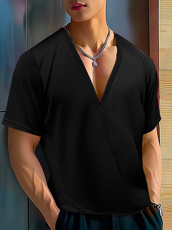 Mens Textured Deep V-Neck Short-Sleeve T-Shirt SKUK77430