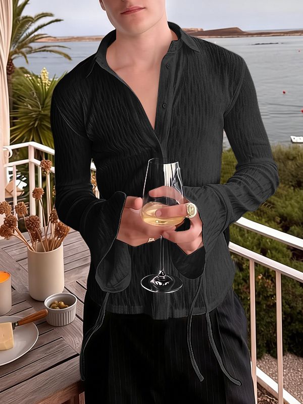 Men's Solid Color Textured Flared Sleeve Ribbon Shirt SKUL47938