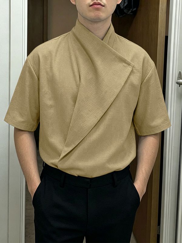 Men's Avant-Garde Minimalist Architectural Wrap-Front High-Collar Shorts Sleeve Shirt SKUL63670