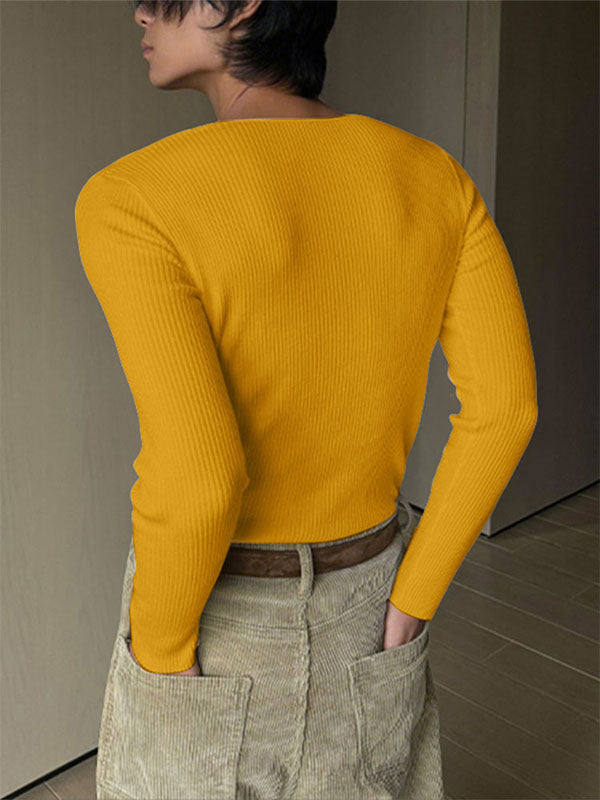 Men's Solid Texture Ribbed Long Sleeve T-Shirt SKUL29521