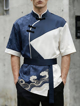 Men's Contrast Color Frog Button Stand Collar Short Sleeve Shirt SKUL59873