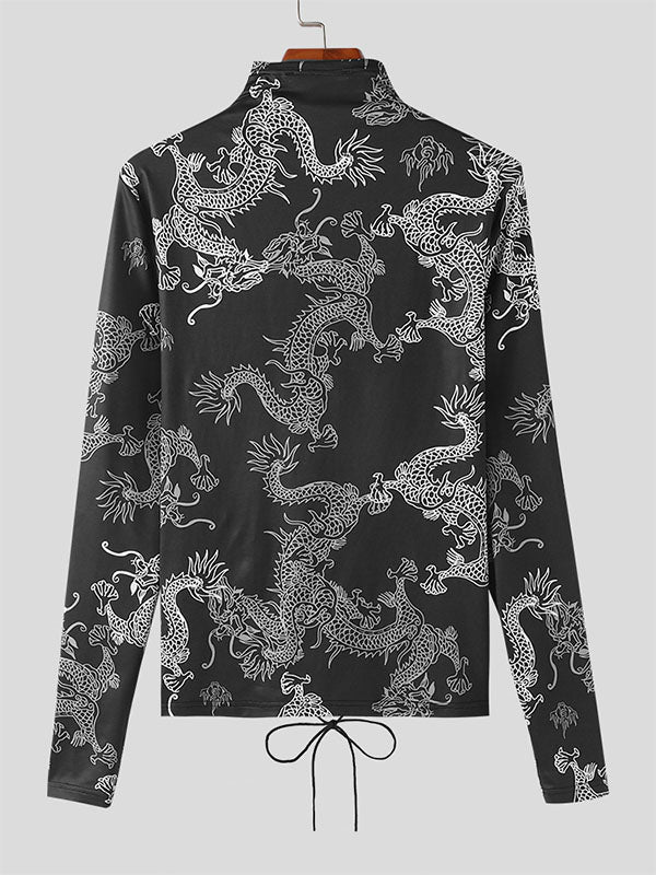 Mens Dragon Print Lace-Up Long Sleeve T-Shirt SKUK41419