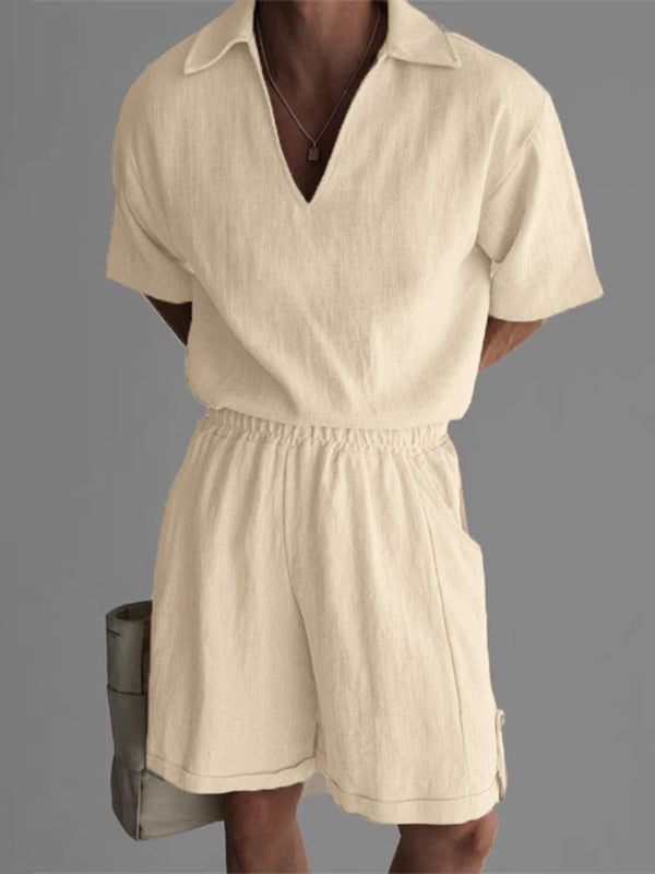 Men's Solid Color V Neck Lapel Casual Two Pieces Outfit SKUL23482