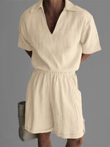 Men's Solid Color V Neck Lapel Casual Two Pieces Outfit SKUL23482