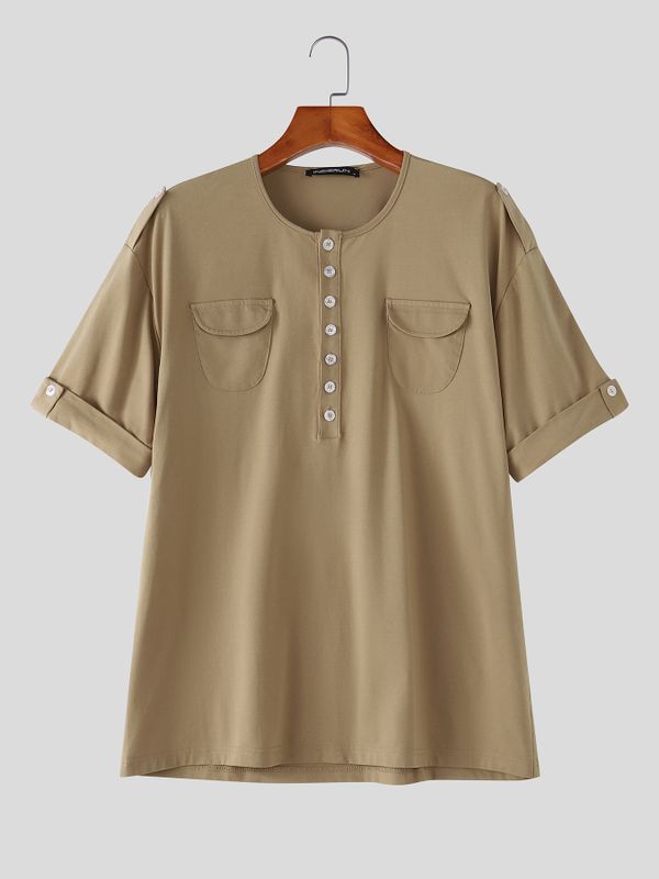 Men's Urban Casual Utility Deep-Henley Multi-Button Short Sleeve T-shirt SKUL75690