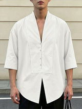 Men's Avant-Garde Zen Deep V-Neck Paneled Boxy Shirt SKUL63976