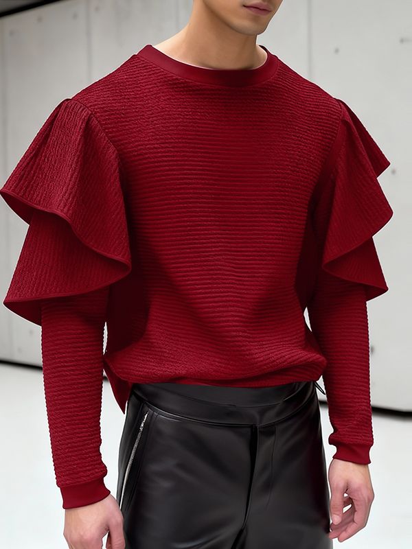 Men's Textured Ruffle Layered Crew Neck Long Sleeve T-shirt SKUL46331