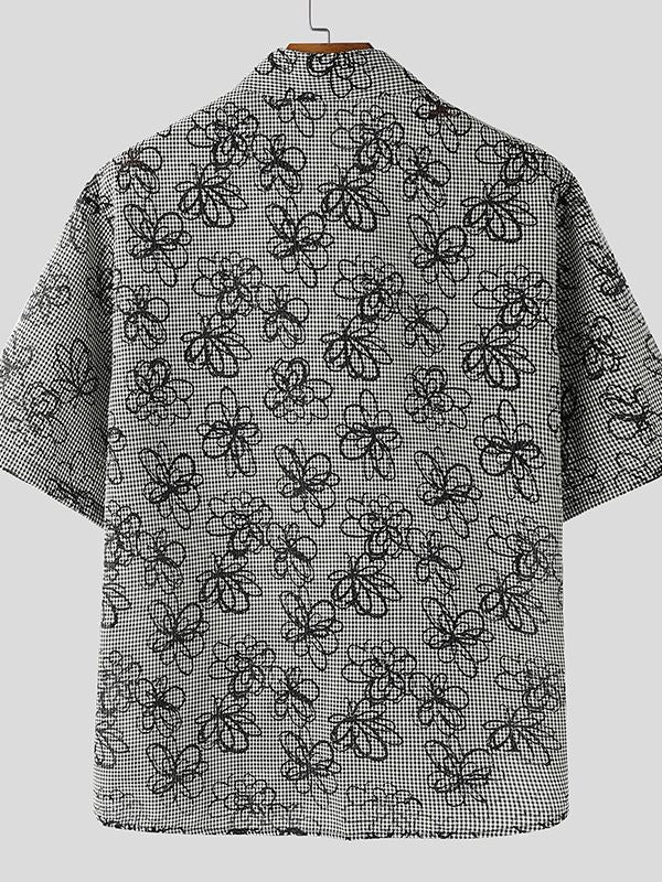 Men's Floral Print Plaid Short Sleeve Shirt SKUL51064