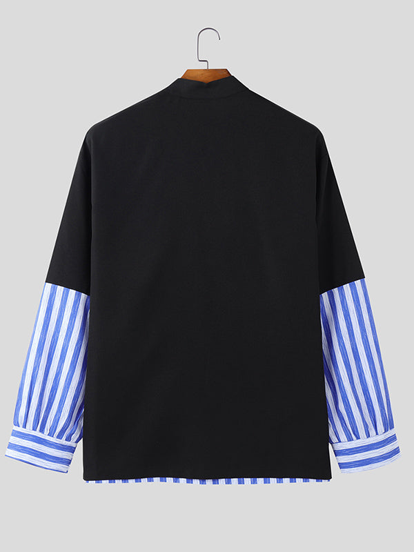 Mens Striped Contrast Stand Collar Long-Sleeve Shirt SKUK99045