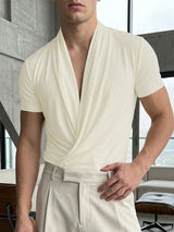 Men's Avant-Garde High Stretch Draped Ruched Cross Wrap Deep V-Neck Short Sleeve T-shirt SKUL61873