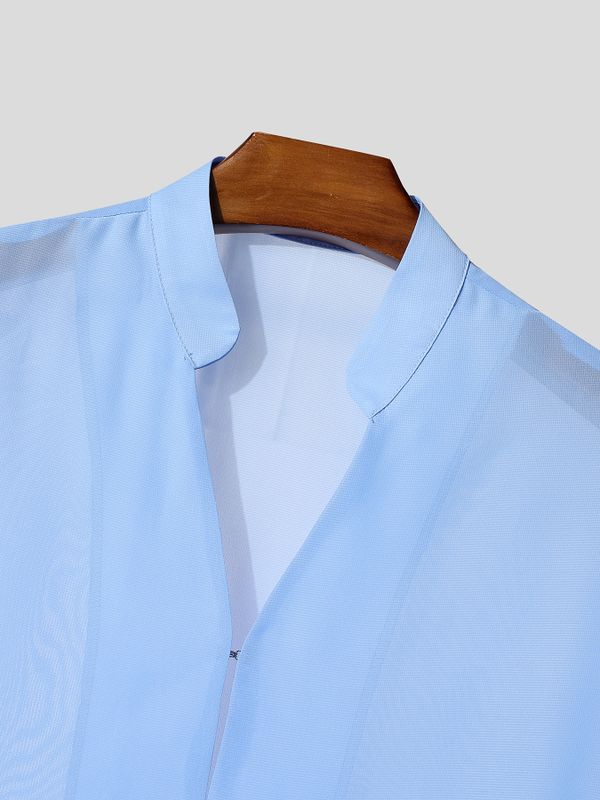 Men's New Chinese Style Sheer Chiffon Frog Button Side Split Long Kimono Shirt SKUL67204