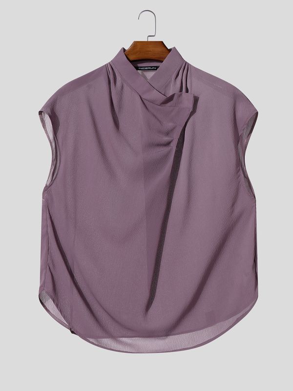 Men's Avant-Garde Asymmetric Draped Cross Wrap Mock Neck Sleeveless Shirt SKUL63993