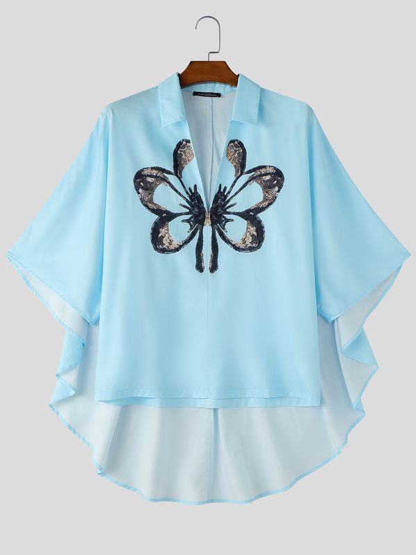 Men's Avant-Garde Butterfly Graphic Deep V-Neck Cape-Style Batwing Sleeve Shirt SKUL66950