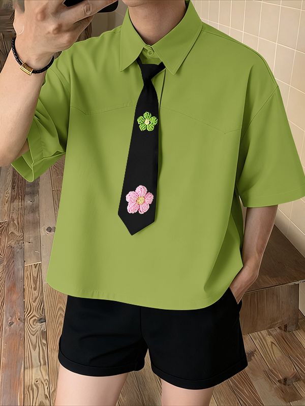 Men's 3D Floral Decor Tie Short Sleeve Shirt SKUL41498