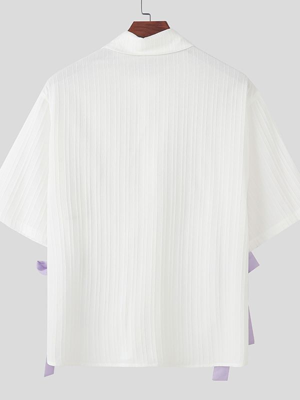 Men's Bow Patchwork Striped Half Sleeve Shirt SKUL39389