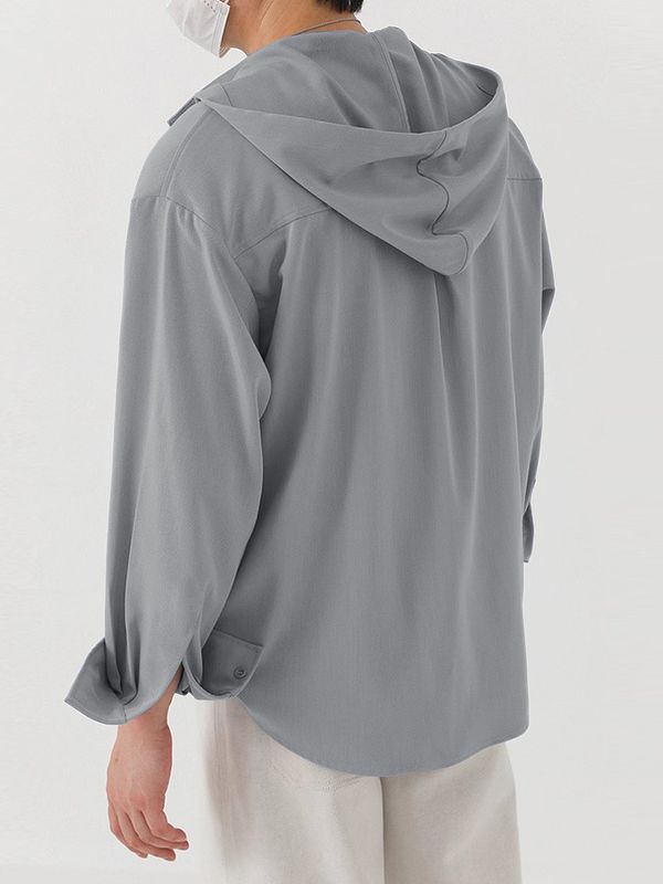 Men's Solid Color Hooded Long Sleeve Shirt SKUL45108