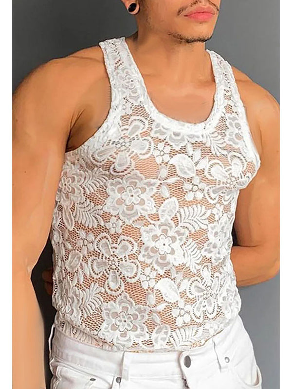 Mens Lace See Through U-Neck Sleeveless Vest SKUK51686