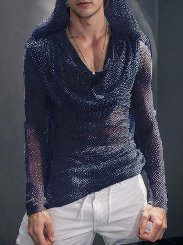 Mens Shimmer Sheer Hooded Long-Sleeve T-Shirt SKUK84560
