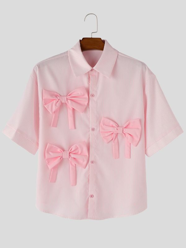 Men's Avant-Garde 3D Bow Pinstripe Short Sleeve Shirt SKUL58766