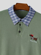 Men's Vintage Preppy Faux Twinset Contrast Plaid Collar Cute Animal Embroidered Polo Shirt SKUL68994