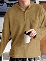 Mens Plush Texture Half-Placket Long Sleeve T-Shirt SKUL00006