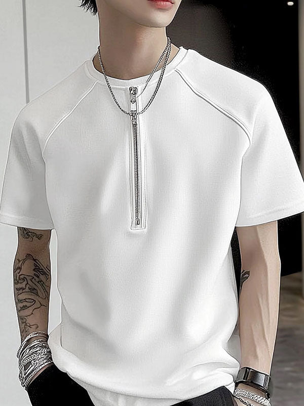 Mens Solid Color Half-Zip Short Sleeve T-Shirt SKUL09350