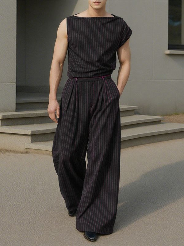 Men's Striped One-Shoulder Two Pieces Outfit SKUL35006