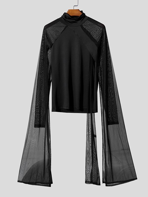 Men's Sheer Mesh Patchwork High Neck Long Sleeve T-Shirt SKUL39705