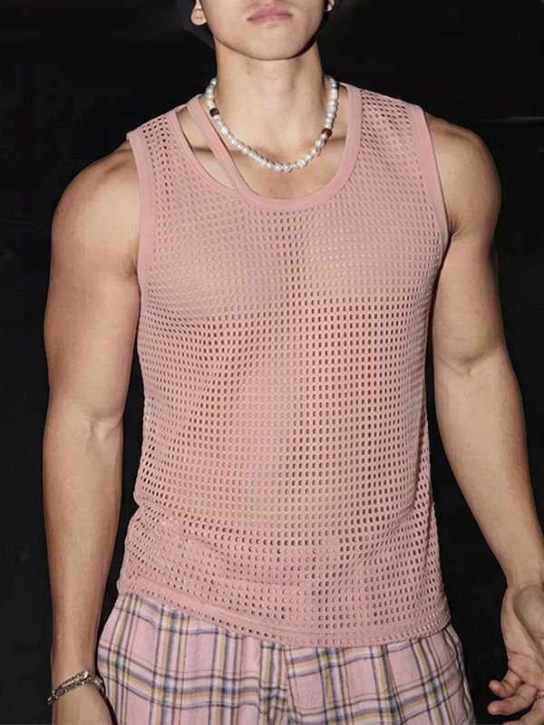 Men's High-Street Cutout Neckline Heavy Mesh Fitted Muscle Tank SKUL70406