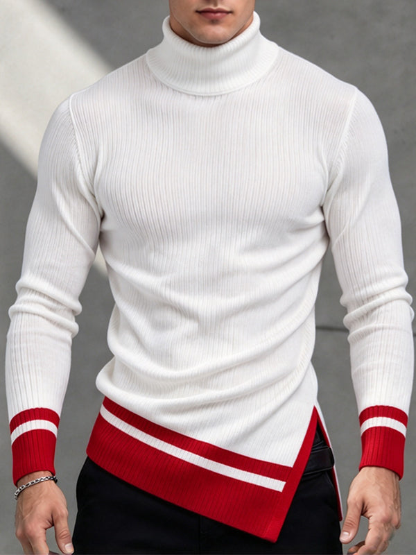 [Pre-order] Men's Smart Chic Daily Commute Striped Cuffs Roll Turtleneck Form-Fitting T-shirt SKUL88533