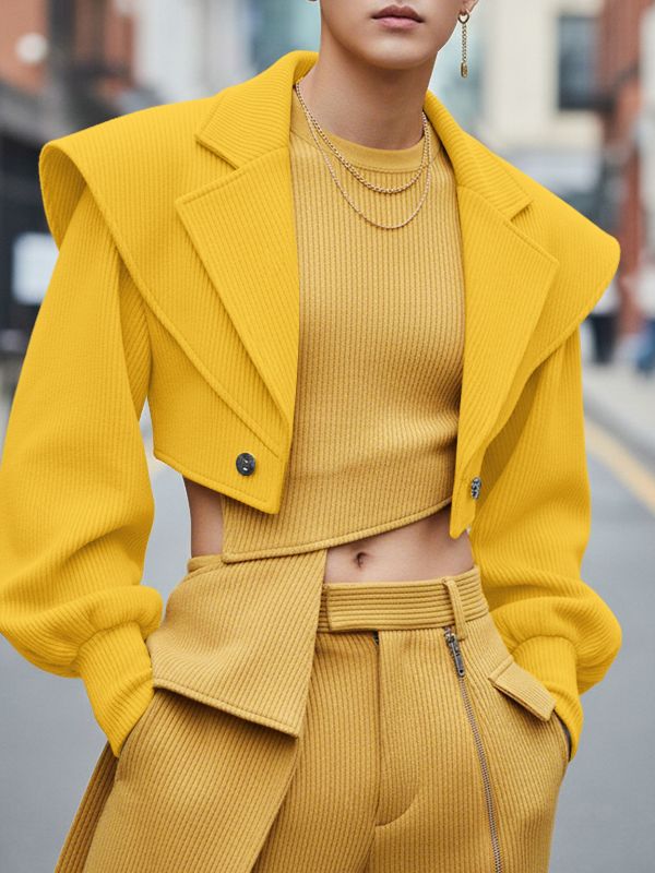 Men's Padded Shoulder Textured Cropped Long Sleeve Blazer SKUL40144