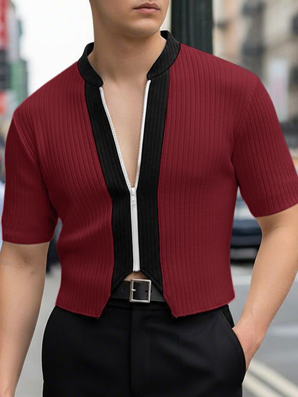 Men's Textured Contrast Color Cropped Short Sleeve T-shirt SKUL47901