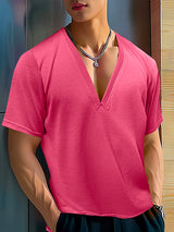 Mens Textured Deep V-Neck Short-Sleeve T-Shirt SKUK77430